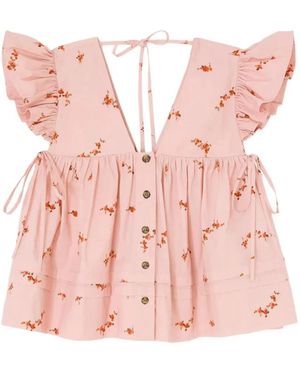 Ganni Gemiüte Katoenen Blouse Met Engelenmouwen - Roze