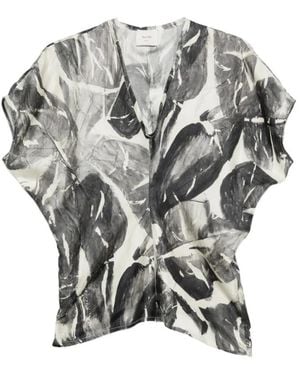 Alysi Overhemden ,Zwart ,V-Hals Zijden Blouse Met Korte Mouwen - Grijs