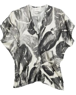 Alysi Overhemden ,Zwart ,V-Hals Zijden Blouse Met Korte Mouwen - Grijs