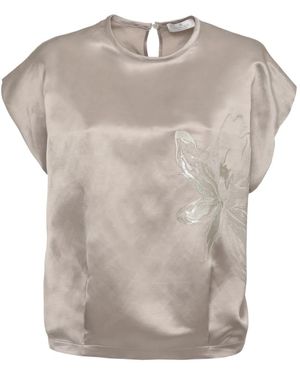 Panicale Overhemden ,Linnen Ronde Hals Blouse Met Versieringen - Naturel