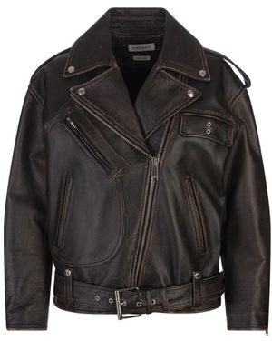 McQueen Braune Oversized Bikerjacke Aus Leder - Schwarz