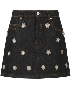 Marni Rokken ,Blauw ,Denim Floral Embroidered Denim Mini Skirt - Zwart