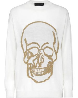 Philipp Plein Truien & Vesten ,Wit ,Wol Wool Pullover Round Neck Ls - Metallic