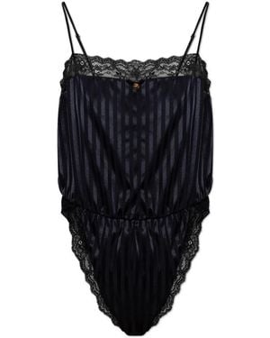 Versace Tops ,Zwart ,Body Van Jacquardzijde Met Kanten Afwerking
