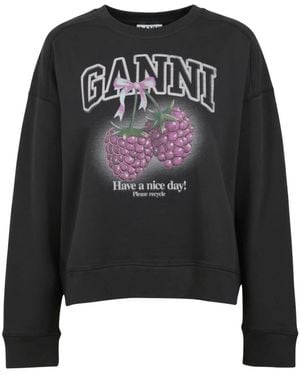 Ganni Hoodies & Sweatvesten ,Zwart ,T-Shirt Met Ronde Hals