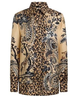 Etro Overhemden ,Bruin ,Zijden Twill Blouse Met Geplaatst Luipaardprint