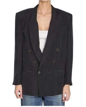 Saint Laurent Jassen ,Zwart ,Leer Dubbelrijige Blazer Met Piek Revers