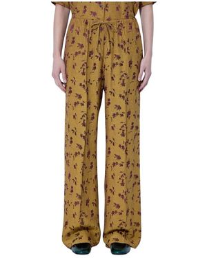 Dries Van Noten Broeken ,Geel ,Polyester Bloemrijke Broek Met Wijde Pijpen - Naturel