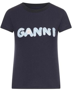 Ganni Tops ,Grijs ,Katoen T-Shirt Met Logo - Blauw