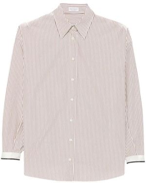 Brunello Cucinelli Overhemden ,Bruin ,Katoen Vertical-Stripe Cotton Shirt - Wit
