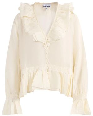 Ganni Viskose-Seiden-Habotai-Bluse Mit Rüschen - Natur