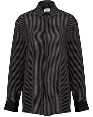 Saint Laurent Schwarze Seidenstreifen Langarmhemd - Blau