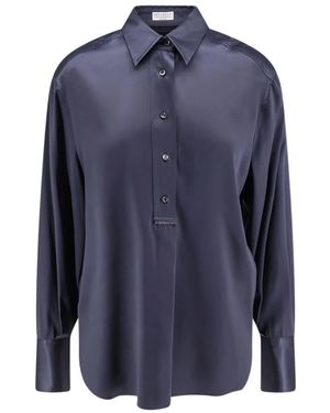 Brunello Cucinelli Overhemden ,Blauw ,Zijden Blouse Met Monili Detail