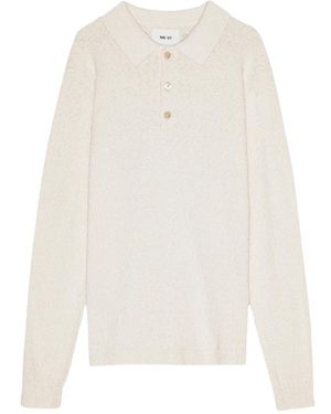 NN07 Bouclé Langarm-Polo Mit Perlmuttknöpfen - Weiß