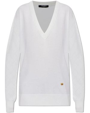 Balmain Woll-V-Ausschnitt-Pullover - Weiß