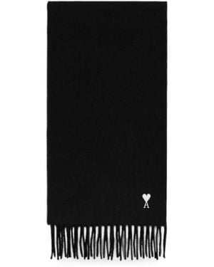 Ami Paris Wool Scarf With Ami De Coeur Embroidery - Zwart
