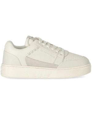 Emporio Armani Ivory Leder Basket Sneaker Mit Wildleder Details - Weiß