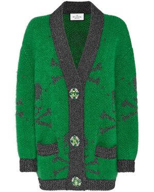 Philipp Plein Lurex Mohair Cardigan V Neck Skull & Bones - Groen