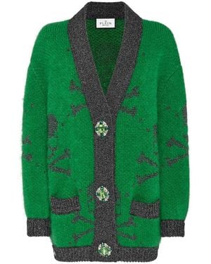Philipp Plein Lurex Mohair Cardigan V-Ausschnitt Skull & Bones - Grün