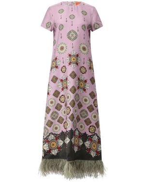 La DoubleJ Zijden Maxi-Jurk Met Veren - Roze
