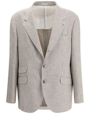 Brunello Cucinelli Luxe Houndstooth Prince Of Wales Blazer - Grijs