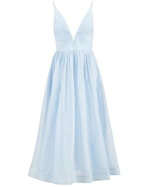 Zimmermann Elegantes V-Ausschnitt Seidenleinen Midi Kleid - Blau