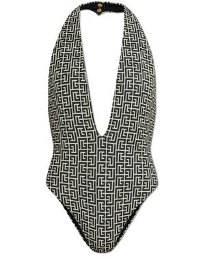 Balmain Monogramm-Jacquard Neckholder-Badeanzug - Grau