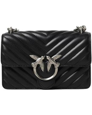 Pinko Elegante Leren Schoudertas Met Kettingriem En Iconische Vogelornament - Zwart