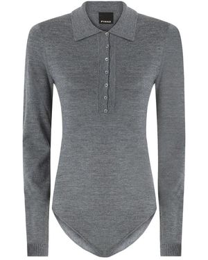 Pinko Tops ,Grijs ,Wol Fijngebreide Top Met Gespreide Kraag