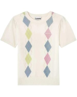 Ganni Truien & Vesten ,Veelkleurig ,Katoen Licht Katoen Argyle T-Shirt - Wit