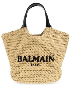 Balmain Tassen ,Leer Logo Tas Met Bovenhandvat Met Raffia-Effect - Metallic