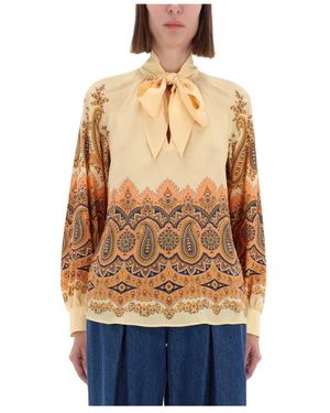 Etro Overhemden ,Veelkleurig ,Paisley Print Silk Bow Blouse - Oranje