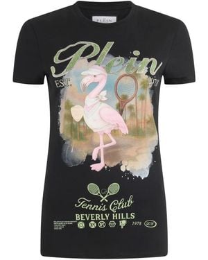 Philipp Plein Tops ,Zwart ,Katoen Pure Fit T-Shirt Tennis Club Strass