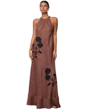Kaos Lange Linnen Jurk Met Bloemenaccenten - Bruin