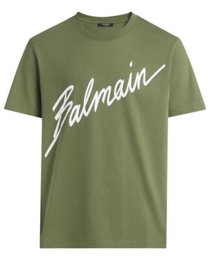 Balmain Tops ,Groen ,Katoen Gedrukt Handtekening T-Shirt
