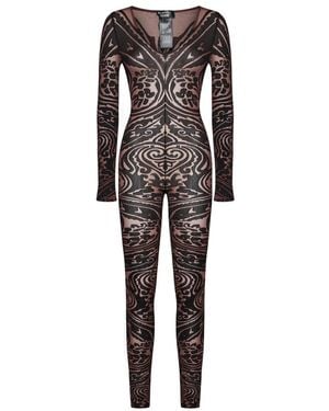 Wolford Jumpsuits & Playsuits ,Bruin ,Wol Bruine Paisley V-Hals Jurk - Zwart