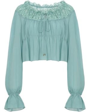 Chloé Overhemden ,Blauw ,Zijden Top Met Lange Mouwen En Ruches - Groen