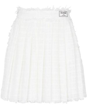 Balmain Geplooide Tweed Skaterrok Met Franjes - Wit