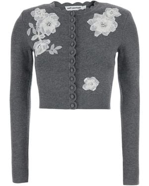 Self-Portrait Truien & Vesten ,Grijs ,Wol Gebreide Cardigan Met Kanten Kraag