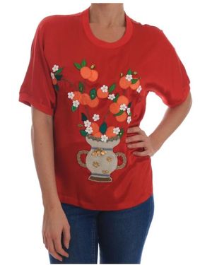 Dolce & Gabbana Silk Oranges Floral Crystal Blouse Blouse - Red
