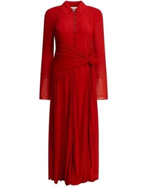 Ganni Lange Mouwen Jurk Met Ruches En Knopen Tot Midi Lengte - Rood
