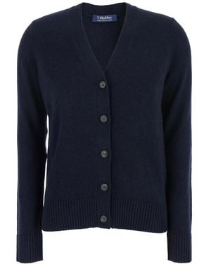Max Mara Blaue Strickjacke Mit V-Ausschnitt Und Logo-Patch