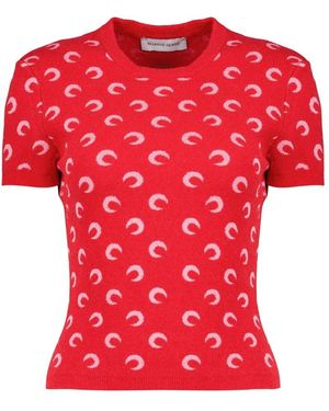 Marine Serre Tops ,Rood ,Katoen Moon Jacquard Bouclette T-Shirt Met Ronde Hals
