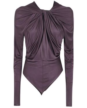 Balmain Tops ,Bruin ,Tweed Twist Detail Viscose Jersey Bodysuit - Paars