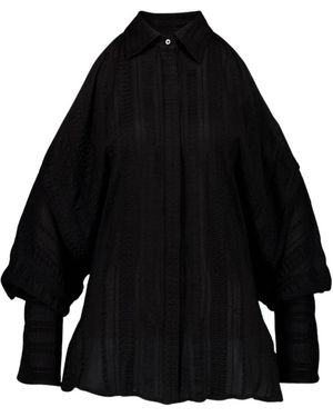 Zeus+Dione Zwarte Off-Shoulder Geranium Textuur Zijden Shirt