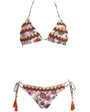 Miss Bikini Triangle Bikini Met Bloemen En Gehaakt Effect Met Brasiliana - Wit