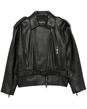 Emporio Armani Leren Bikerjack Met Riem - Zwart