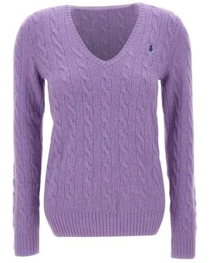 Polo Ralph Lauren Truien & Vesten ,Paars ,Wol Pullover Met V-Hals Van Kabelgebreid Wol-Cashmere