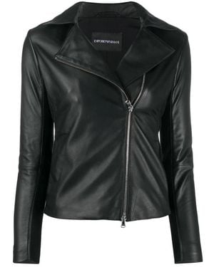 Emporio Armani Jassen ,Zwart ,Leer Lack Leather Zipped Biker Jacket