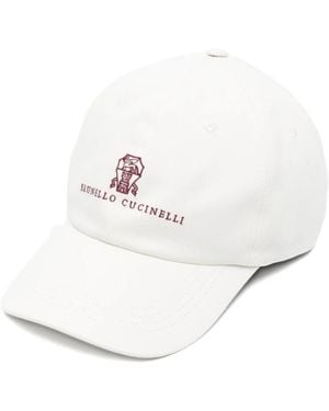 Brunello Cucinelli Weiße Bestickte Logo Gebogener Peak Hut